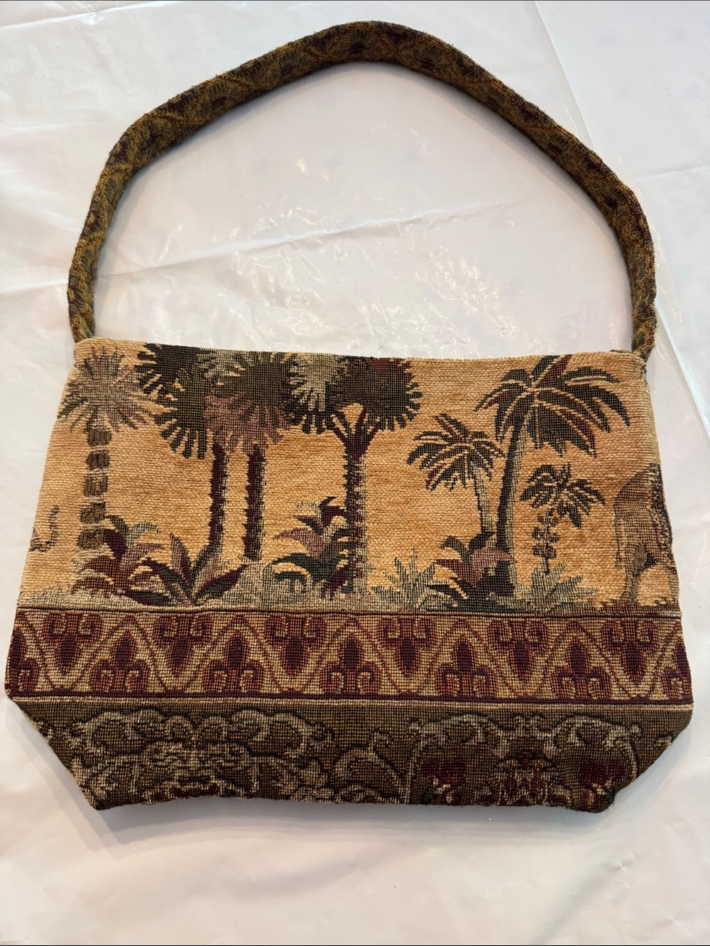 Palm-Print Tapestry Shoulder Bag in Beige and Brown